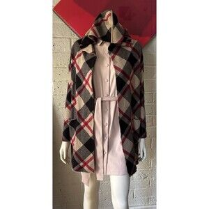 Tahari Black, Pink and Red  Plaid Hooded Cardigan, Size XS